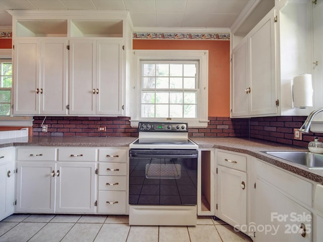 kitchen featuring white cabinetry, crown molding, sink, and range with electric stovetop