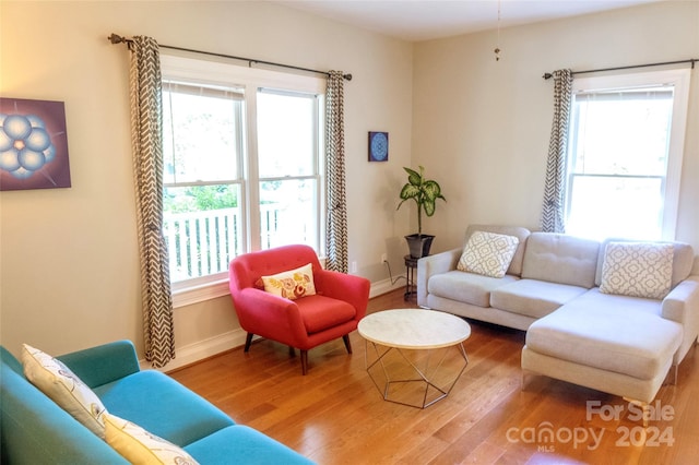 living room with a healthy amount of sunlight and wood-type flooring