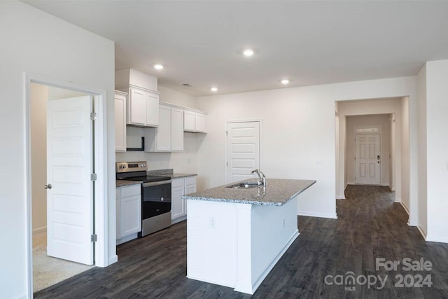 kitchen with white cabinets, a center island with sink, stainless steel range with electric stovetop, and dark hardwood / wood-style flooring