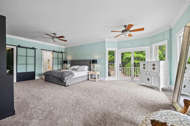 bedroom featuring crown molding, a barn door, access to outside, ceiling fan, and carpet floors