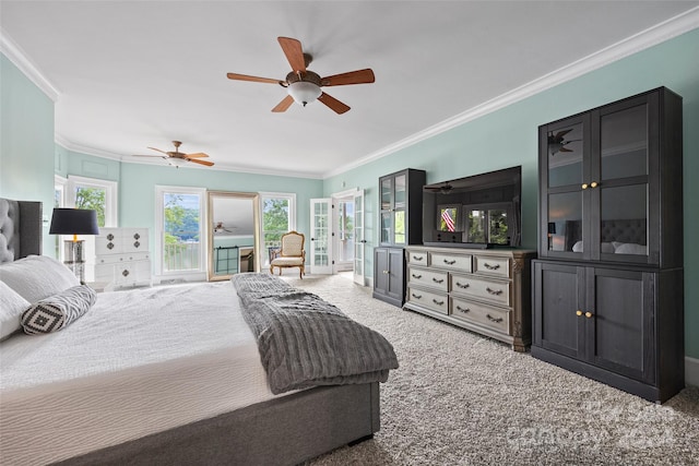 carpeted bedroom with ornamental molding, access to exterior, and ceiling fan