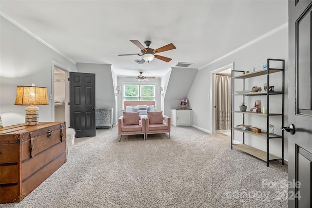 bedroom with ornamental molding, light colored carpet, and ceiling fan