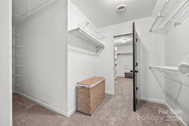 spacious closet featuring light carpet