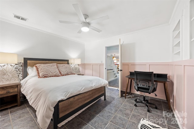 bedroom with tile patterned floors, ceiling fan, and crown molding