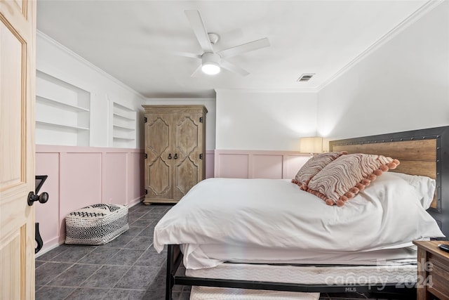 tiled bedroom featuring crown molding and ceiling fan