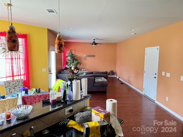 dining room with ceiling fan, plenty of natural light, and dark hardwood / wood-style floors