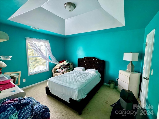 carpeted bedroom featuring a tray ceiling