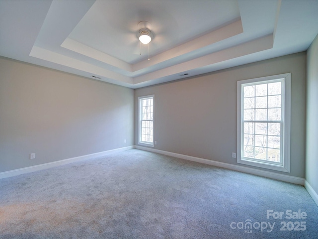 unfurnished room with a raised ceiling and carpet floors