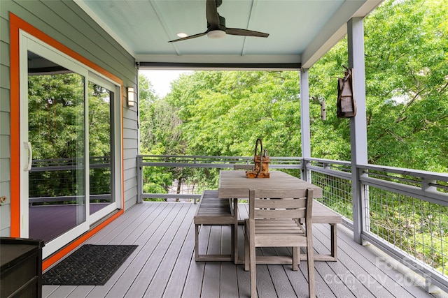 deck with a ceiling fan and outdoor dining area