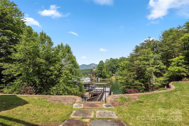 view of yard with a dock and a water and mountain view