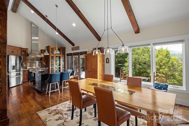 dining space with beamed ceiling, dark hardwood / wood-style floors, and high vaulted ceiling