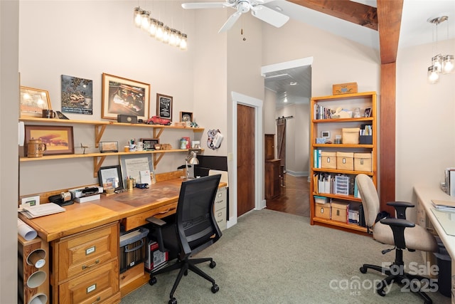 office with beamed ceiling, light colored carpet, ceiling fan, and high vaulted ceiling