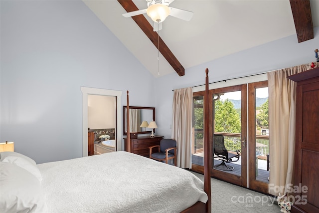 bedroom with ceiling fan, access to exterior, beam ceiling, high vaulted ceiling, and carpet floors