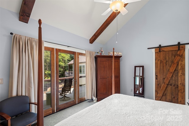 carpeted bedroom with access to exterior, high vaulted ceiling, beamed ceiling, ceiling fan, and a barn door