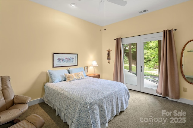 bedroom with carpet floors, access to outside, and ceiling fan