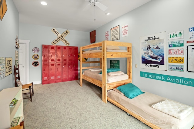 bedroom with ceiling fan and carpet