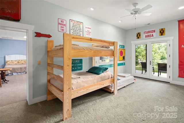 carpeted bedroom with access to exterior and ceiling fan