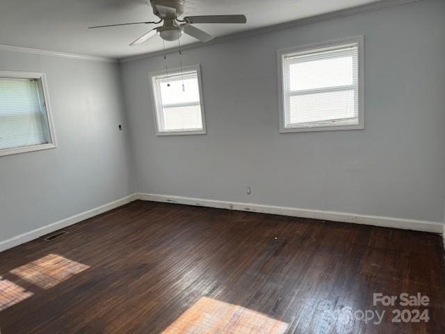 unfurnished room featuring ceiling fan, crown molding, and wood-type flooring