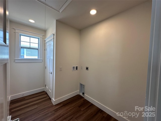 laundry area with attic access, hookup for an electric dryer, baseboards, and dark wood-style floors