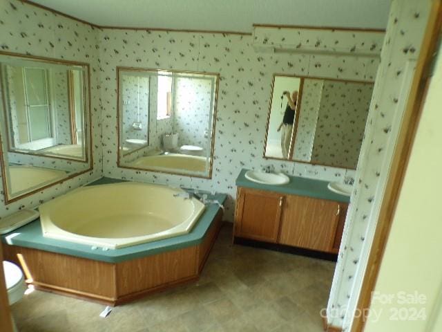 bathroom with a washtub and vanity