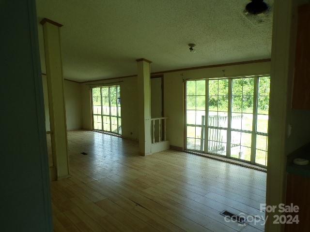 empty room with light hardwood / wood-style floors, crown molding, and a textured ceiling