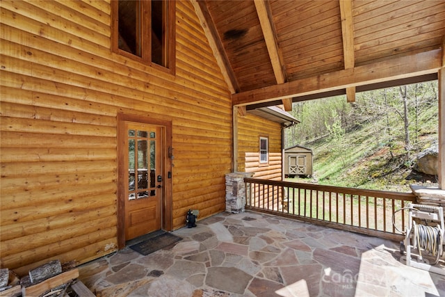 view of patio / terrace featuring a storage shed