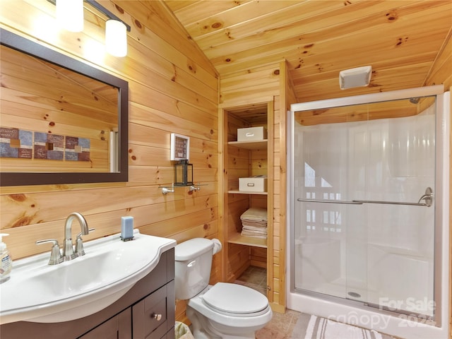 bathroom featuring vaulted ceiling, toilet, wooden ceiling, wooden walls, and vanity