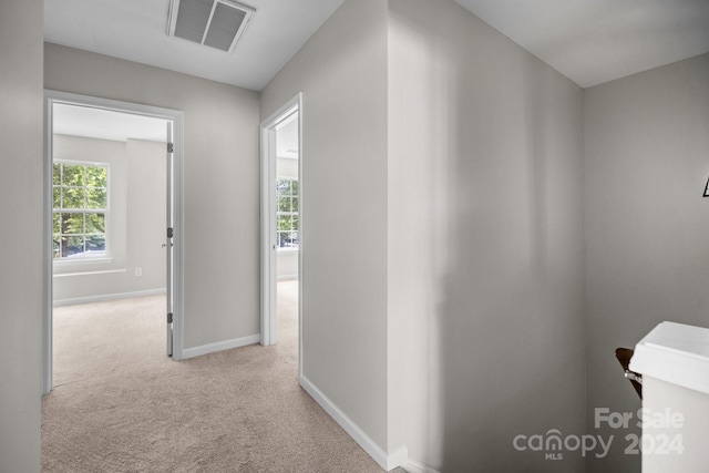 hallway featuring a healthy amount of sunlight and light colored carpet