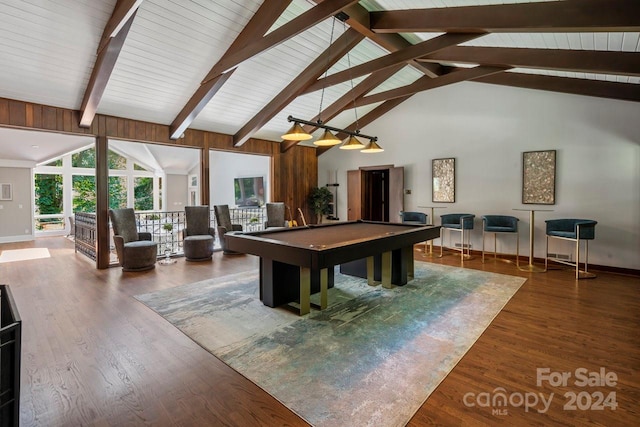 recreation room featuring wood walls, high vaulted ceiling, pool table, beamed ceiling, and dark hardwood / wood-style flooring