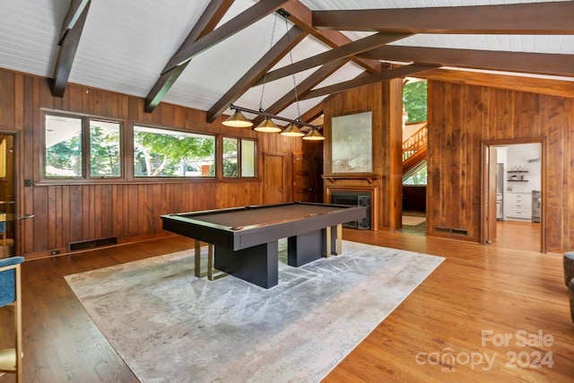 playroom with high vaulted ceiling, wooden walls, hardwood / wood-style flooring, pool table, and beamed ceiling