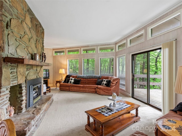 carpeted living room featuring a stone fireplace and wood walls