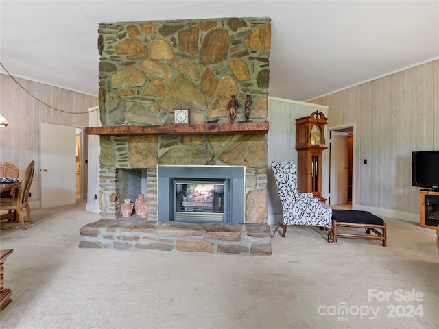 living room featuring a stone fireplace, carpet flooring, and wood walls