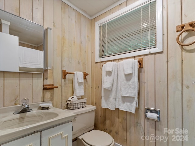 bathroom with wooden walls, vanity, and toilet