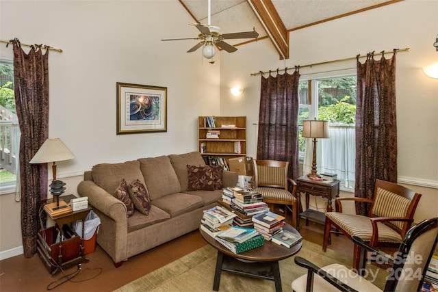 living room featuring lofted ceiling with beams and ceiling fan