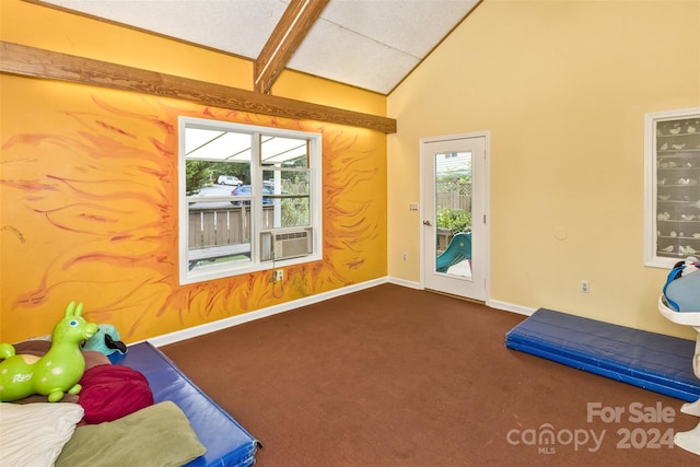 workout area with high vaulted ceiling, carpet flooring, and cooling unit