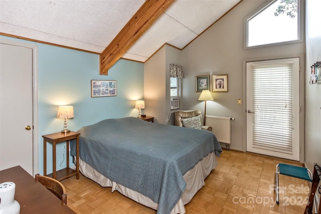 bedroom featuring a textured ceiling, light parquet floors, radiator heating unit, and lofted ceiling with beams