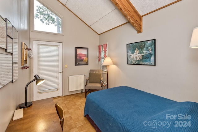 bedroom with a textured ceiling, light parquet flooring, beam ceiling, radiator heating unit, and high vaulted ceiling