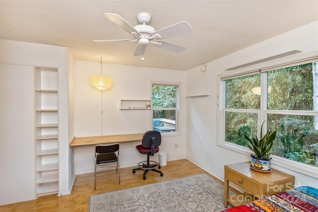 office featuring a textured ceiling, ceiling fan, and light wood-type flooring