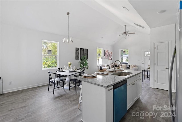 kitchen with white cabinetry, sink, dark hardwood / wood-style flooring, a kitchen island with sink, and appliances with stainless steel finishes