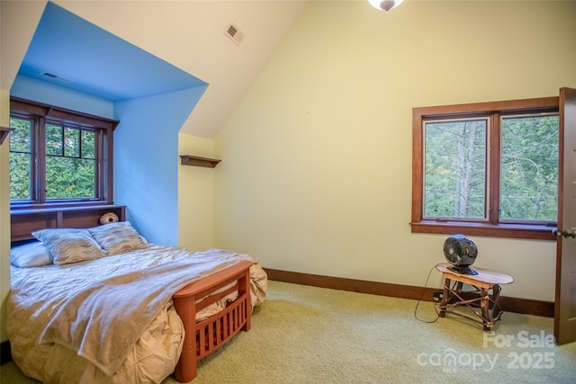 carpeted bedroom with high vaulted ceiling