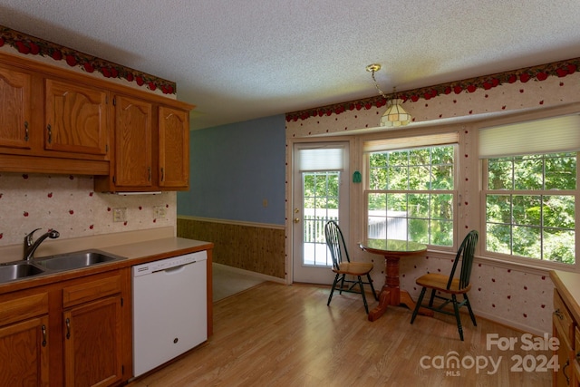 kitchen featuring dishwasher, sink, light wood-type flooring, a textured ceiling, and decorative light fixtures