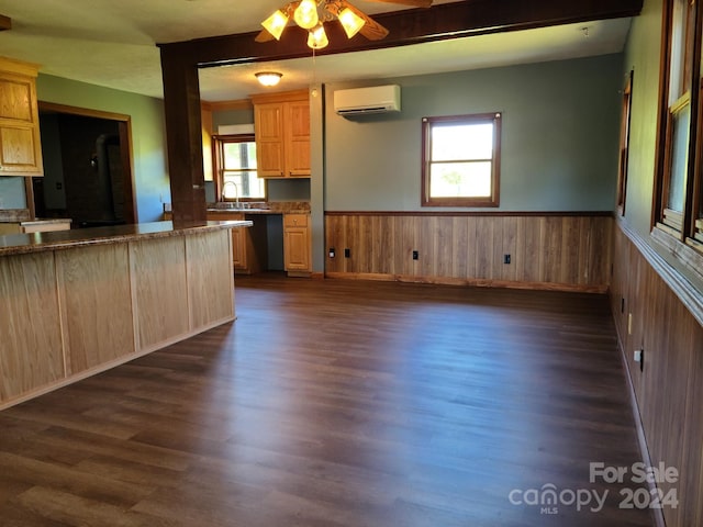 kitchen with dark wood-type flooring, plenty of natural light, light brown cabinetry, and a wall unit AC