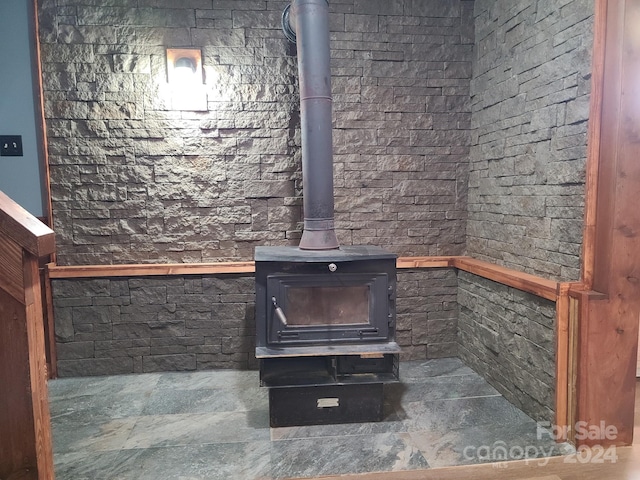 room details featuring a wood stove