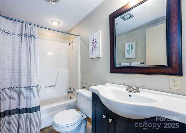 full bathroom with crown molding, vanity, shower / bath combo, and toilet