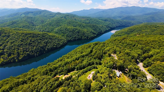 bird's eye view featuring a water and mountain view