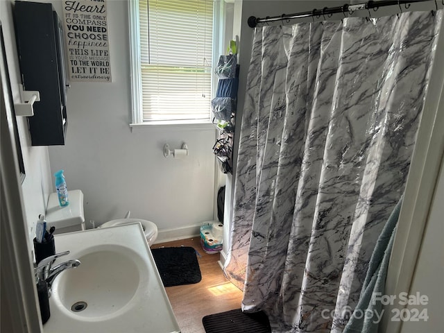 bathroom featuring hardwood / wood-style floors, toilet, sink, and a shower with shower curtain