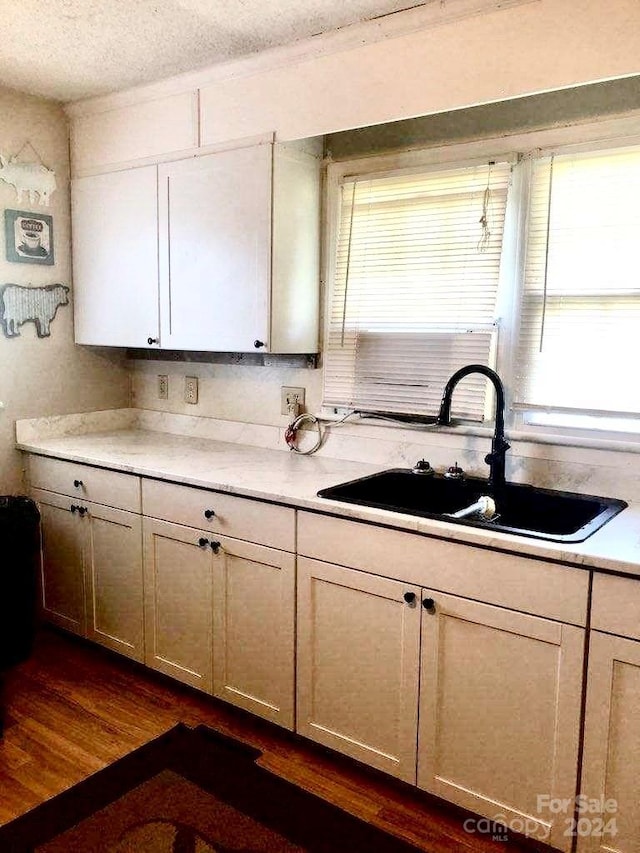 kitchen with a textured ceiling, dark hardwood / wood-style flooring, and sink