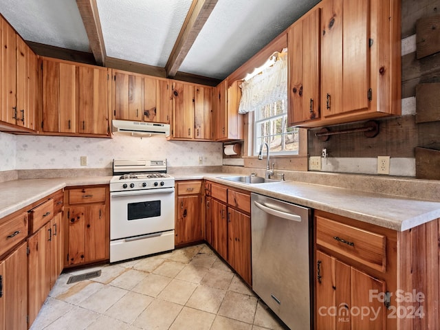 kitchen with beamed ceiling, sink, white range with gas cooktop, stainless steel dishwasher, and light tile patterned floors