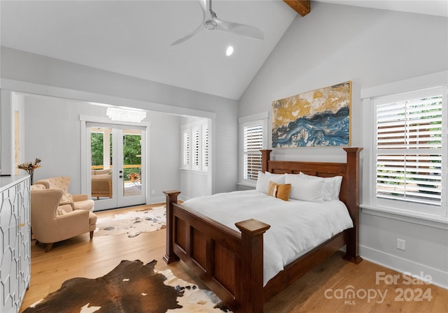 bedroom featuring access to exterior, vaulted ceiling with beams, light hardwood / wood-style floors, and ceiling fan