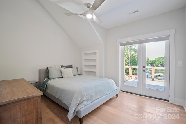 bedroom with ceiling fan, light hardwood / wood-style floors, and access to outside